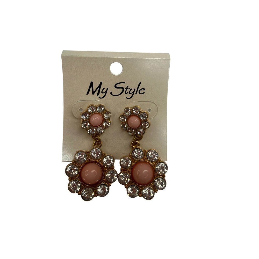 My Style Pink Floral Rhinestone Gold Tone Double Drop Earrings Statement Jewelry